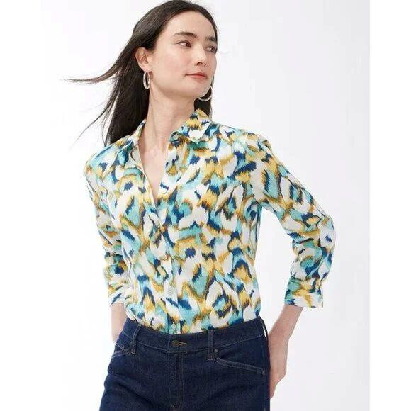 Chicos 1 Linen Ikat Shirt Maximalist Colorful Button Down Resortwear Travel - Picture 1 of 6
